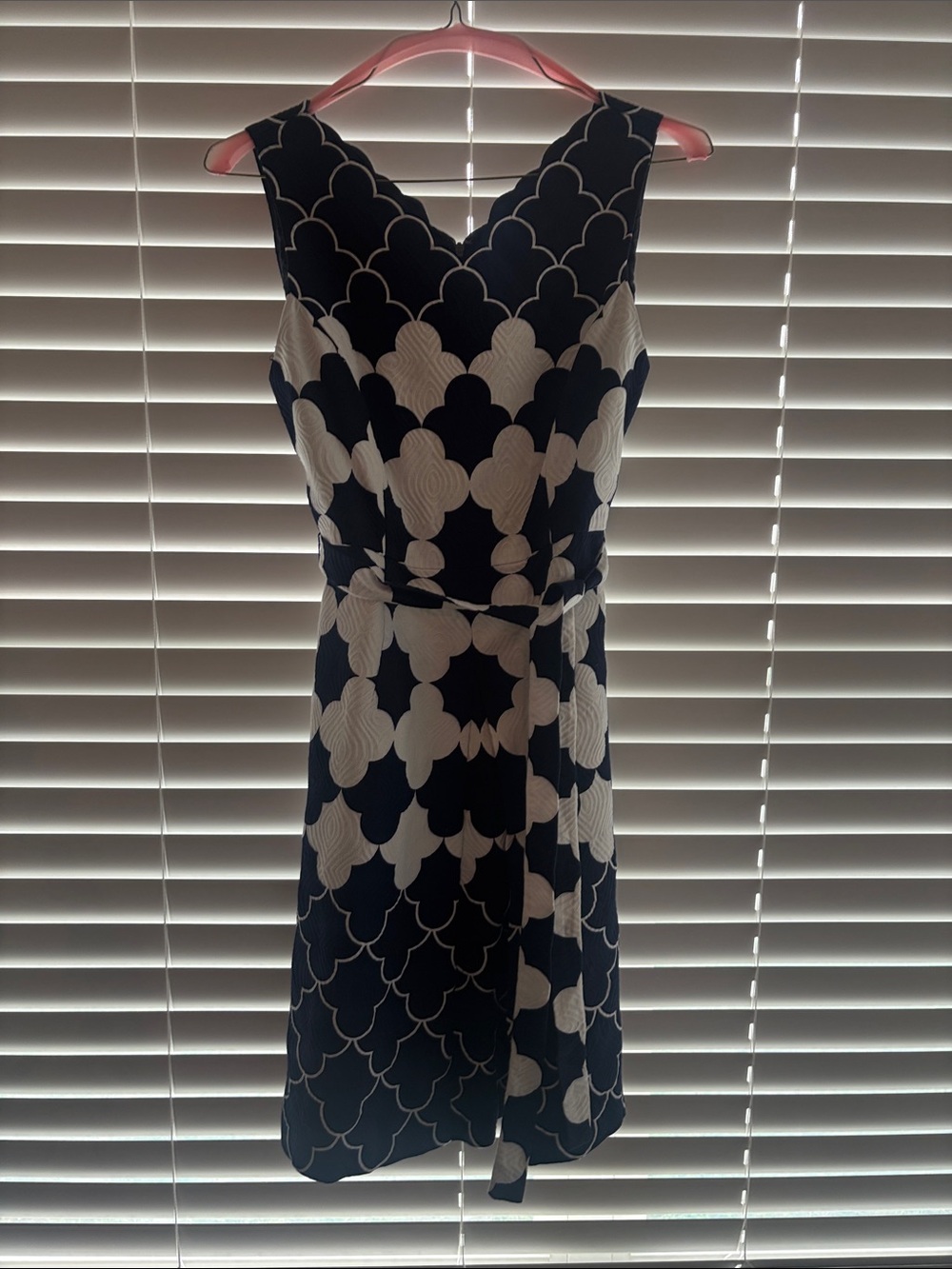 Talbots Navy and White Scallop-Pattern Belted Dress